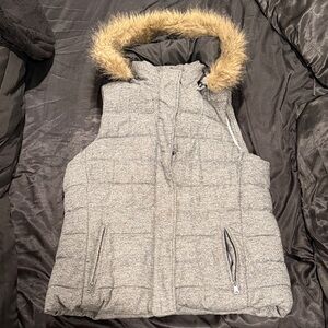 Banana Republic Gray Puffer Vest with Faux Fur Trim